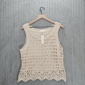 NWT! Adiva Cream Loose Knit Crochet Tank-Boho-Cotton-Lined-Sz L